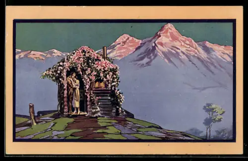 AK Plakat für Theaterstück Rose Marie, Mit Blumen überwachsene Hütte in den Bergen