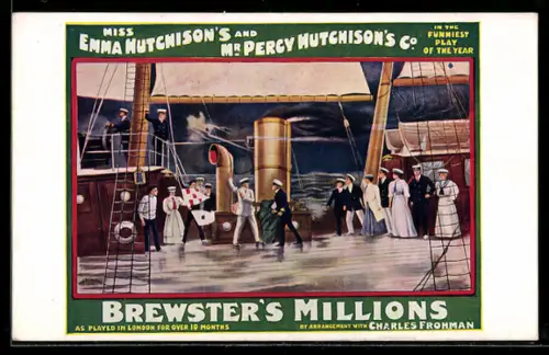 AK Plakat für Theaterstück Brewster`s Millions, Menschen auf dem Sonnendeck eines Dampfers