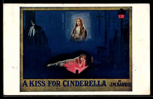 AK Plakat für Theaterstück A Kiss for Cinderella von J.M. Barrie, Mädchen schläft unter der Figur einer Frau