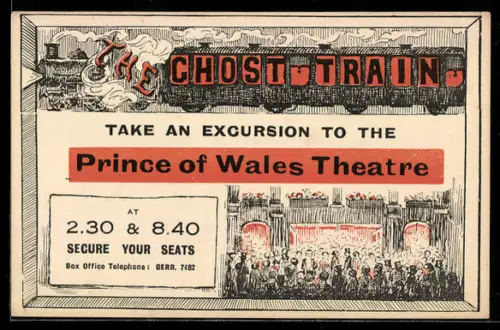 AK Plakat für Theaterstück Ghost Train von Arnold Ridley, Zug und Menschenmenge