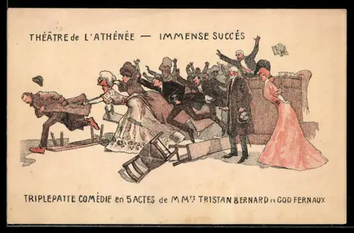 AK Plakat für Theaterstück Immense Succés, Elegante Gesellschaft läuft einem Mann im Mantel nach