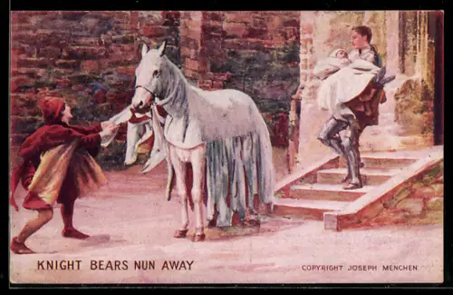 AK Plakat für Theaterstück Knight Bears Nun Away, Mann trägt eine Frau zu seinem Schimmel