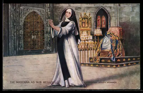 AK Plakat für Theaterstück The Madonna as Nun Megildis, Nonne im Innenraum einer Kirche