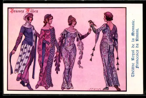 AK Plakat für Theaterstück Francesca da Rimini, Junge Frauen mit einem Vogel auf der Hand