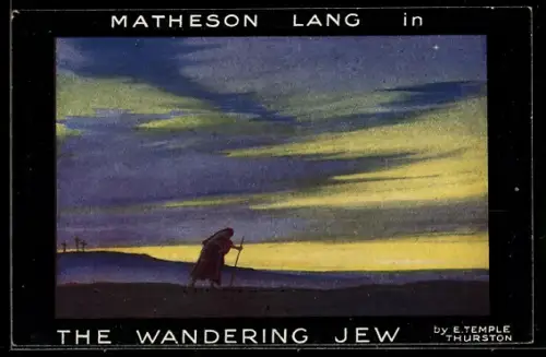 AK Plakat für Theaterstück The Wandering Jew von E. Temple, Einsamer Wanderer vor Kreuzen