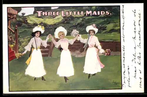 AK Plakat für Theaterstück Three Little Maids, Drei junge Frauen stehen auf einer Grünfläche