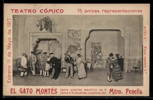 AK Plakat für Theaterstück El Gato Montés, Menschengruppe in einem Innenraum
