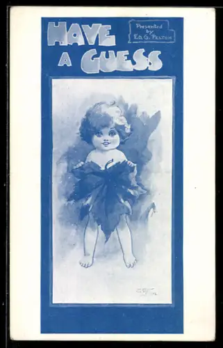 AK Plakat für Theaterstück Have A Guess, Kind mit einem grossen Blatt vor dem Körper