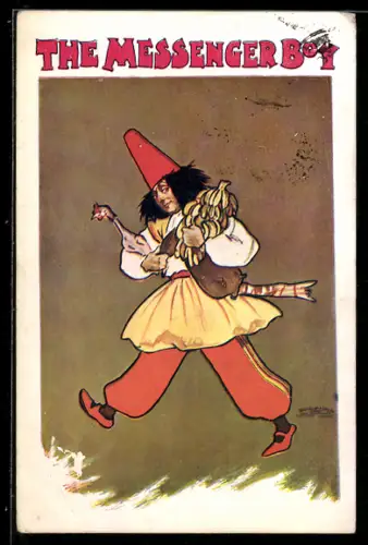 AK Plakat für Theaterstück The Messenger Boy, Mann mit Huhn und Bananenstaude