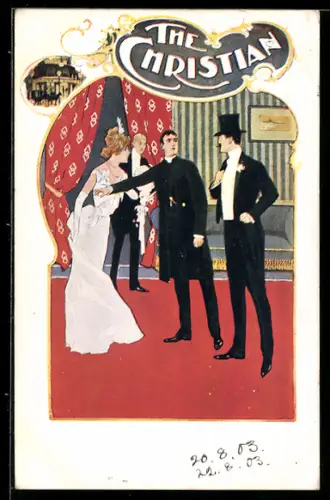 AK Plakat für Theaterstück The Christian, Elegante Herren und eine Dame im weissen Kleid