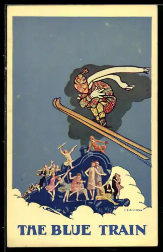 AK Plakat für Theaterstück The Blue Train, Blauer Zug mit Skispringer über dem Zug