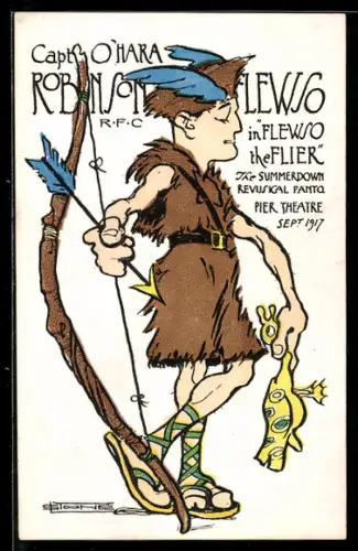AK Plakat für Theaterstück Flewso the Flier, Mann mit Bogen und Ente in der Hand