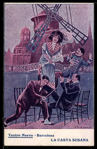 AK Plakat für Theaterstück La Casta Susana, Fröhliche Gesellschaft vor einer Mühle