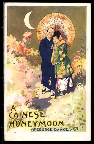AK Plakat für Theaterstück A Chinese Honeymoon von George Dance, Chinesisches Paar im Mondschein