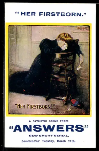 AK Plakat für Theaterstück Answers, Frau weint über einem Kinderstuhl