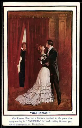 AK Plakat für Theaterstück Answers, Frau beobachtet heimlich ein Paar in eleganter Kleidung