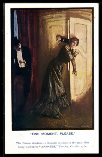 AK Plakat für Theaterstück Answers, Frau drückt sich gegen eine geöffnete Tür mit feinem Herren im Hintergrund