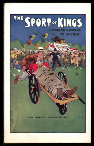 AK Plakat für Theaterstück The Sport of Kings von Ian May, Mann rennt mit einem Alten auf einer Liege weg