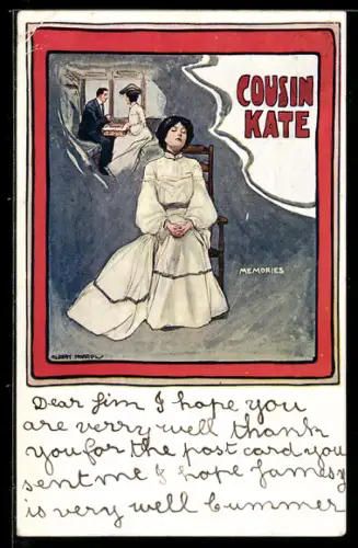 AK Plakat für Theaterstück Cousin Kate, Hübsche Dame auf einem Stuhl erinnert sich an eine Zugfahrt