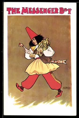 AK Plakat für Theaterstück The Messenger Boy, Mann mit Huhn und Bananen auf dem Arm