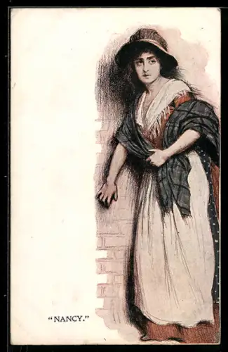 AK Plakat für Theaterstück Oliver Twist von Charles Dickens, Hübsche Dame lehnt sich an eine Wand