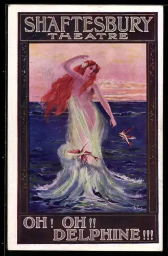 AK Plakat für Theaterstück Oh! Oh!! Delphine!!!, Schöne Frau steigt aus dem Wasser empor