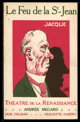 AK Plakat für Theaterstück Le Feu de la St.-Jean, Alter Mann mit langer Nase im Profil