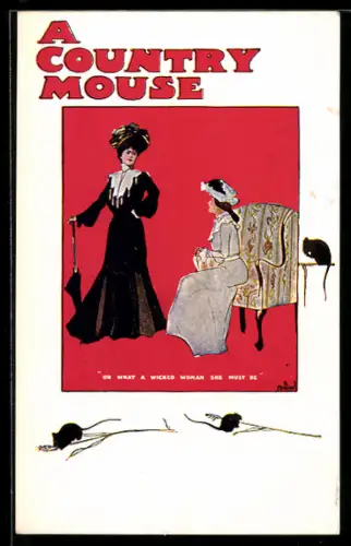 AK Plakat für Theaterstück A Country Mouse, Strenge Dame steht vor einer anderen