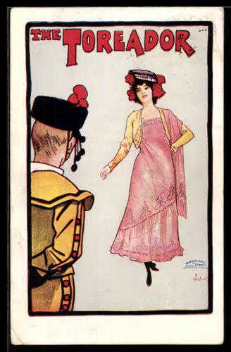 AK Plakat für Theaterstück The Toreador, Elegante Dame steht vor einem Torero