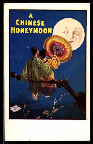 AK Plakat für Theaterstück A Chinese Honeymoon, Chinesisches Pärchen mit Schirm sitzt auf einem Ast vor dem Mond
