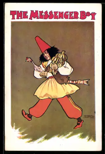 AK Plakat für Theaterstück The Messenger Boy, Mann mit Huhn und Bananen in den Armen