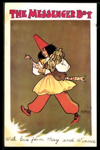 AK Plakat für Theaterstück The Messenger Boy, Mann mit Huhn und Bananen im Arm