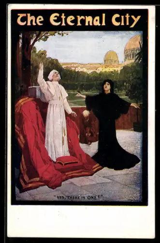 AK Plakat für Theaterstück The Eternal City, Frau in schwarzer Robe steht vor einem Kleriker