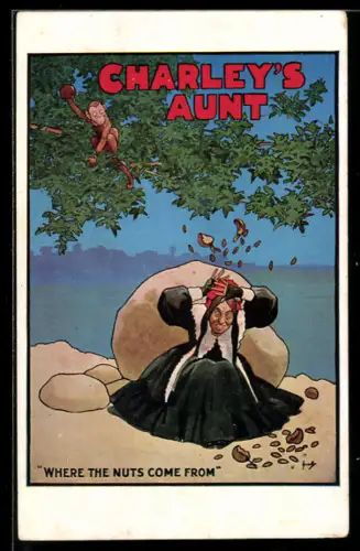 AK Plakat für Theaterstück Charley`s Aunt, Affe bewirft eine Dame mit Nüssen