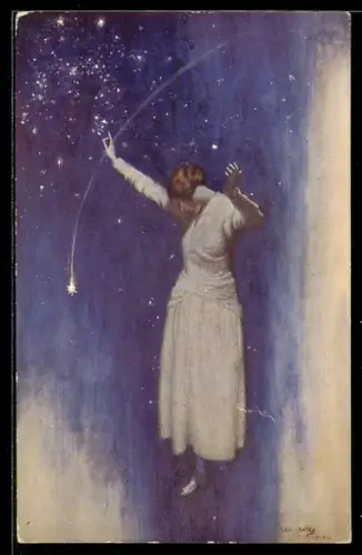 AK Plakat für Theaterstück Mary Rose von J.M. Barrie, Hübsche Frau steht vor einem Sternenhimmel mit Sternschnuppe