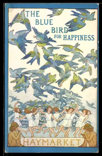 AK Plakat für Theaterstück The Blue Bird for Happiness, Tanzende Menschen unter einem Schwarm blauer Vögel