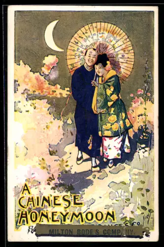 AK Plakat für Theaterstück A Chinese Honeymoon, Chinesisches Paar unter einem Schirm vor einem Halbmond