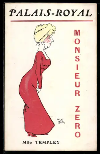 AK Plakat für Theaterstück Monsieur Zero, Frau im roten Kleid im Profil