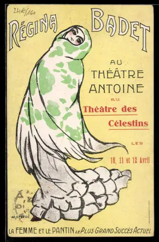 AK Plakat für Theaterstück Régina Badet, Hübsche Frau im Kleid und Tuch um den Oberkörper