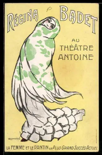 AK Plakat für Theaterstück Régina Badet, Frau im Kleid und Tuch um den Oberkörper