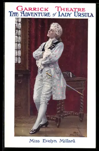 AK Plakat für Theaterstück The Adventure of Lady Ursula, Eleganter Herr mit Säbel an der Hüfte