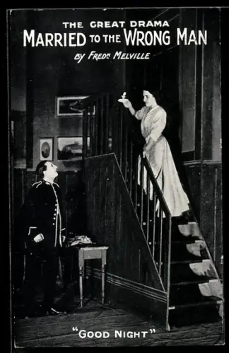AK Plakat für Theaterstück Married to the Wrong Man, Frau steht mit einer Kerze auf einer Treppe