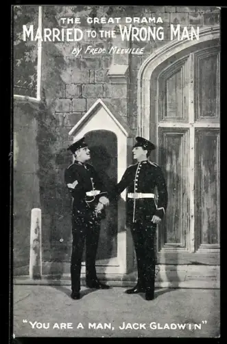 AK Plakat für Theaterstück Married to the Wrong Man von Fred Melville, Zwei Soldaten in Uniform im Gespräch