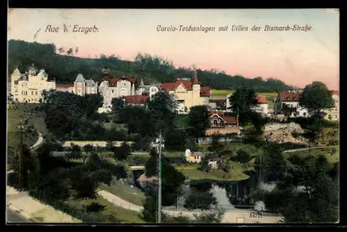 AK Aue i. Erzgeb., Carola-Teichanlagen mit Villen der Bismarck-Strasse