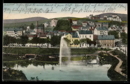 AK Aue i.S., Blick von der Bismarckstrasse, Park mit Springbrunnen