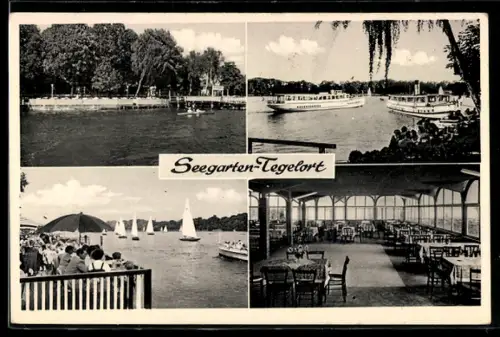 AK Berlin-Tegelort, Seegarten, Dampfer, Segelboote, Restaurant-Innenansicht