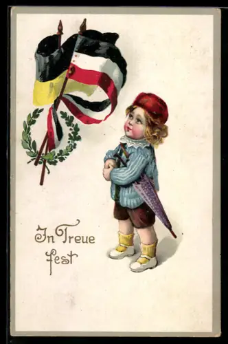AK Kleiner Junge schaut auf die Flaggen vom Zweibund - In Treue fest, Kinder Kriegspropaganda