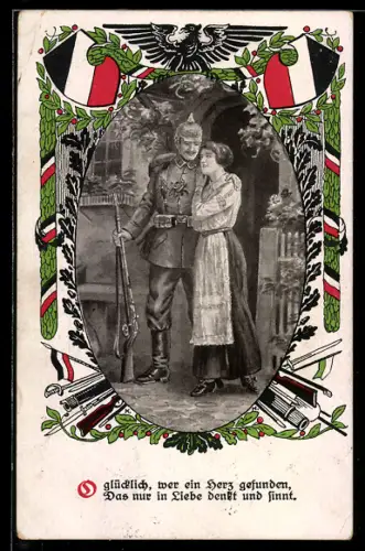 AK Soldat in Uniform mit Pickelhaube und Gewehr bei Auszug ins Feld bei seiner Frau
