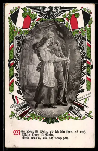 AK Soldat marschmässig ausgerüstet bei Ausmarsch ins Feld mit seiner Liebsten