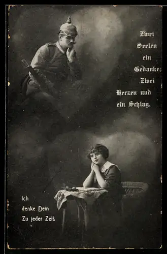 AK Junge Frau denkt an ihren ins Feld ausgezogenen Mann, Soldat in Uniform mit Gewehr